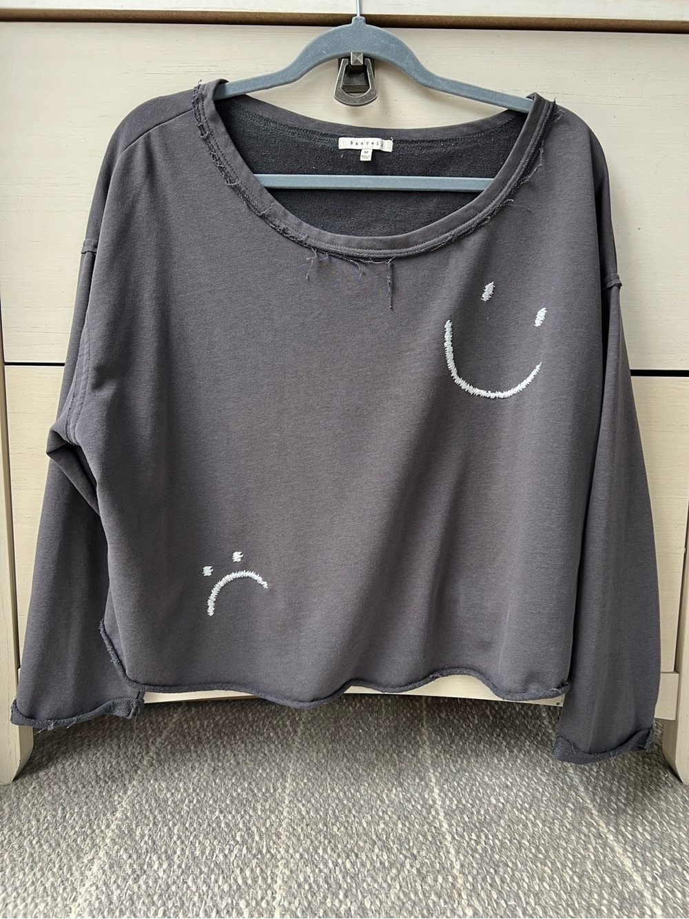 BaeVely Gray Smiley Face Frowny Face cropped oversized sweater size medium